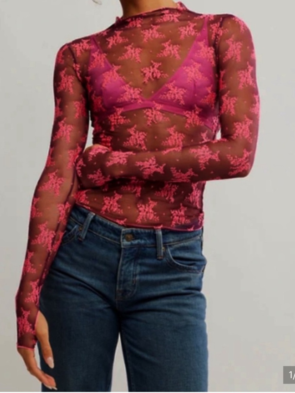 FREE PEOPLE LADY LUX FLORAL MESH LONG SLEEVE TOP RED FUSCIA SP